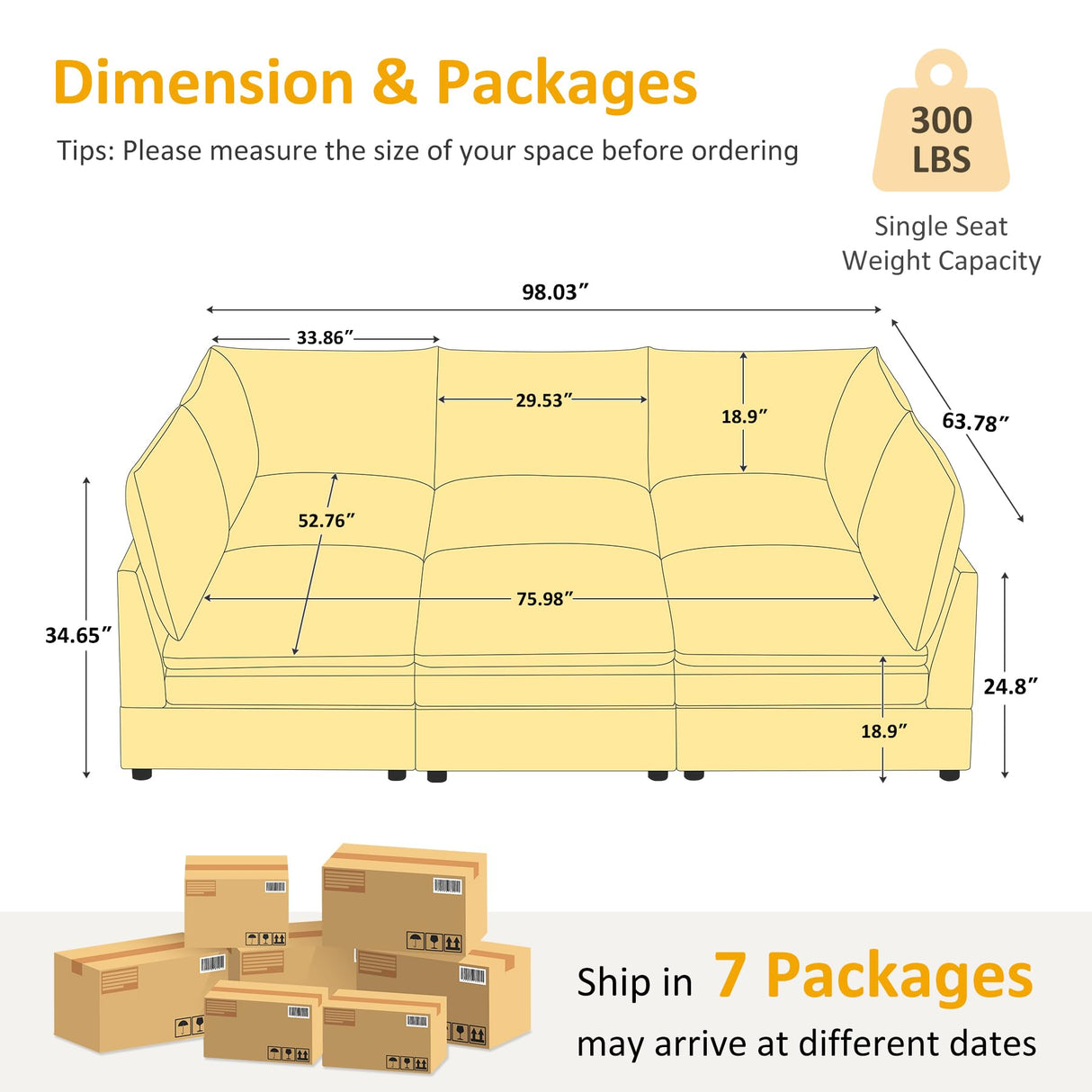 VANOMi 98" Cloud Modular Sectional Sofa Couches for Living Room, Oversized Modern Sleeper Sofa with Deep Seat Double-Layer Thick Cushion Ottoman, Convertible Upholstered Sofa Set, Ivory White VANOMi