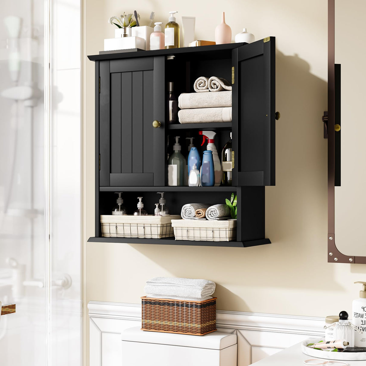 Mino Kesper Bathroom Wall Cabinet, Bathroom Cabinet Wall Mount with 2 Doors and Open Shelf, Over The Toilet Wall Storage, Wooden Medicine Cabinets Mino Kesper