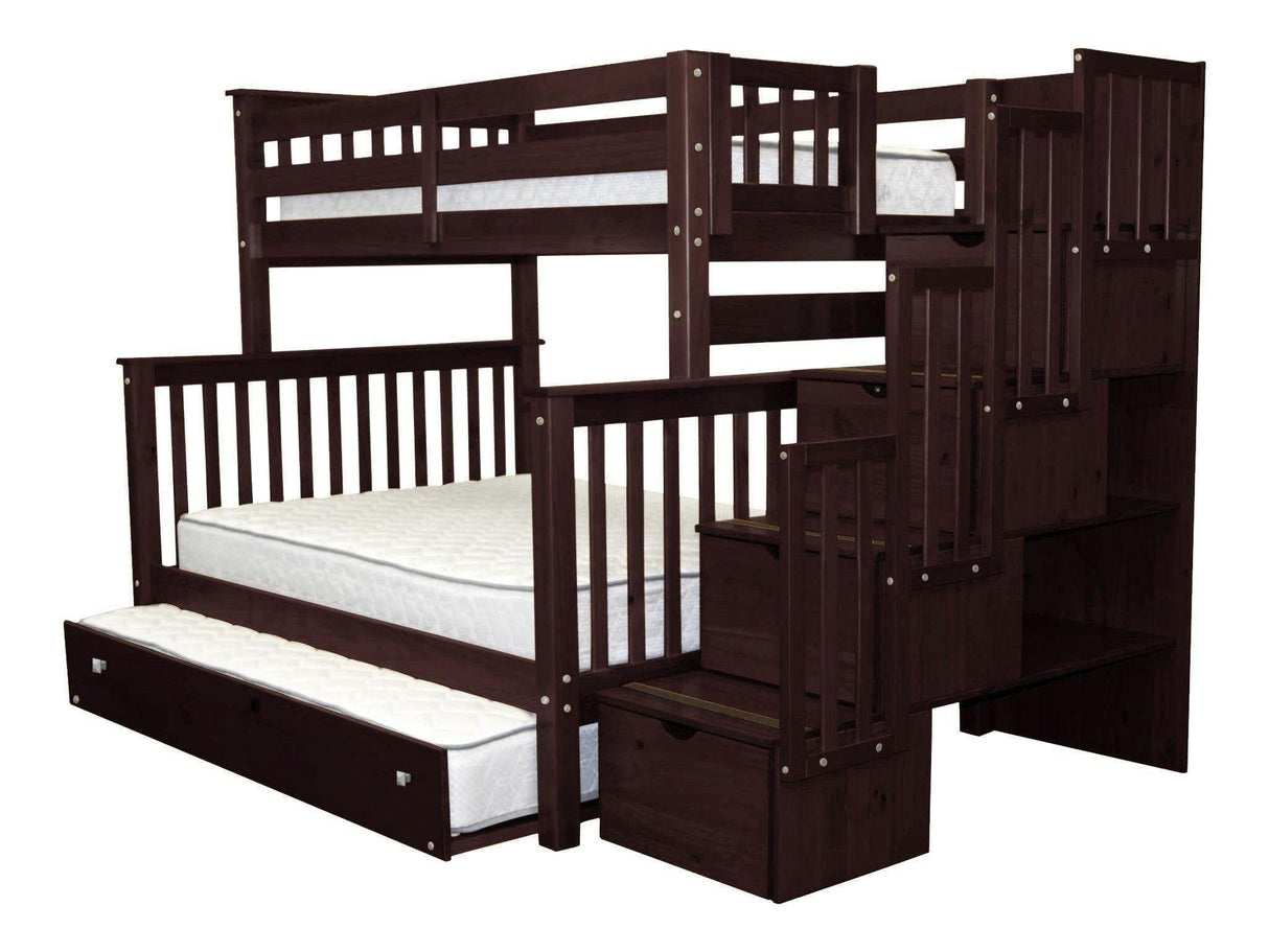 Bedz King Stairway Bunk Beds Twin over Full with 4 Drawers in the Steps and a Twin Trundle, Dark Cherry Bedz King