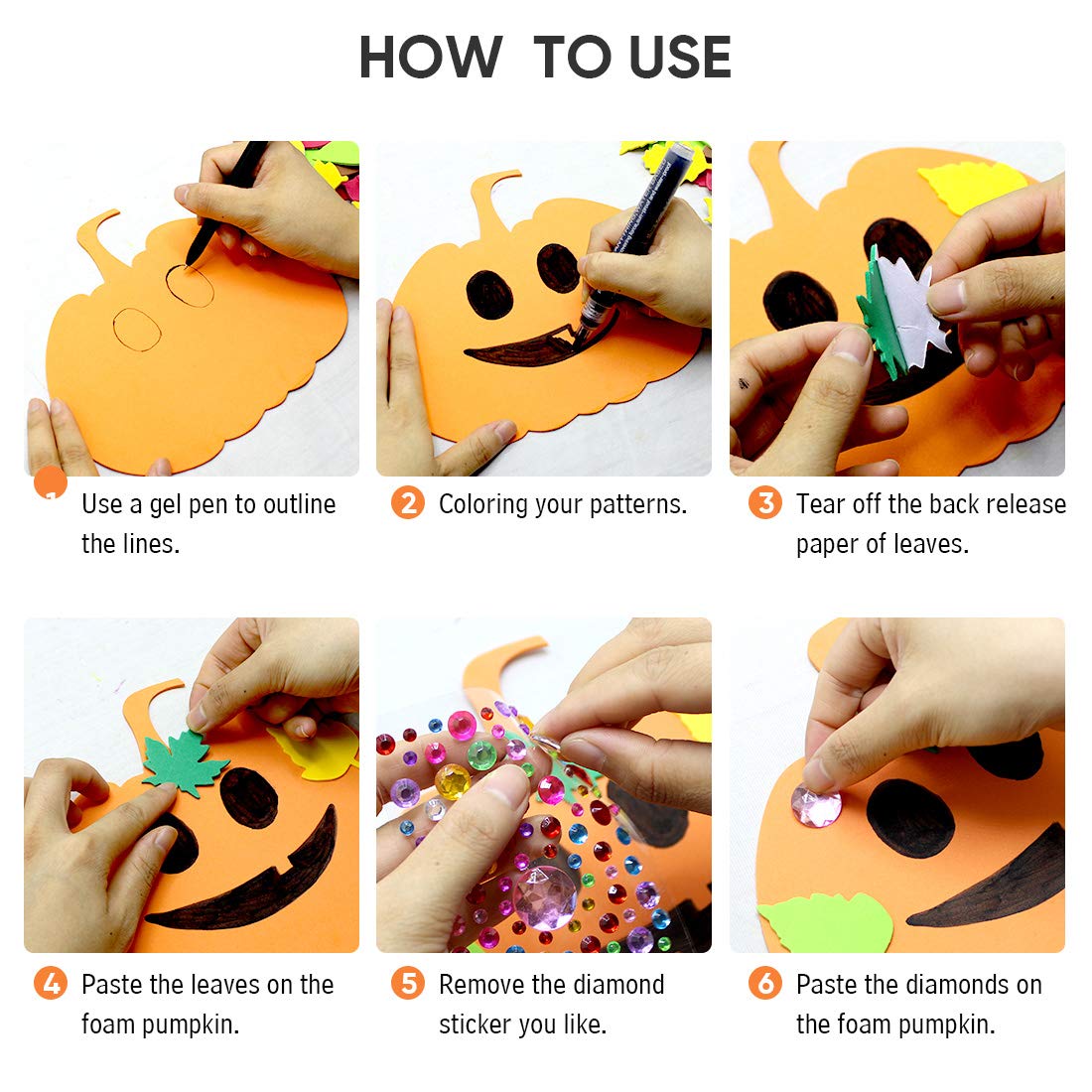 Hifunwu 30Pcs Halloween Foam Pumpkin Craft Kit Decorations with Foam Fall Maple Leaves Rhinestone Stickers for Halloween Thanksgiving Kids Art Crafts Decorations Hifunwu