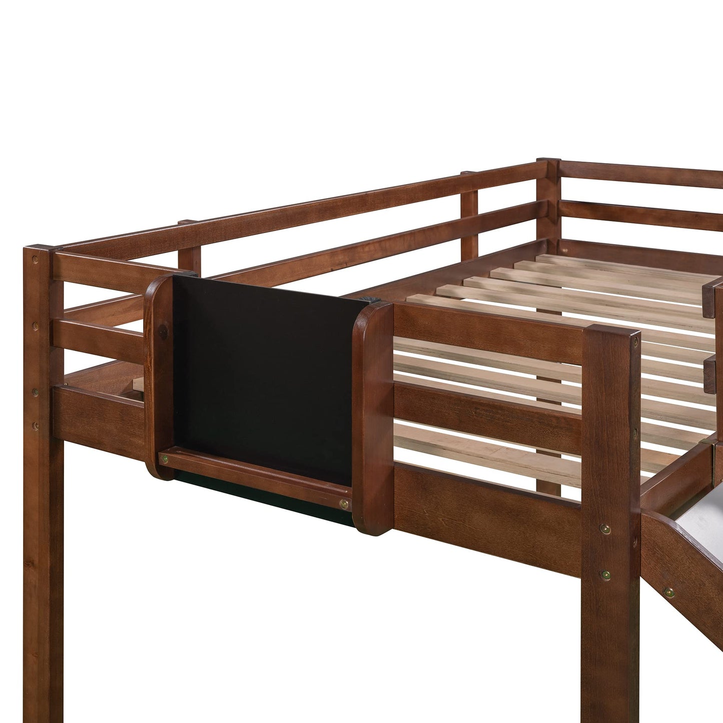 LostCat Walnut Twin Loft Bed with Slide, Stairs, and Chalkboard for Kids - WoodArtSupply