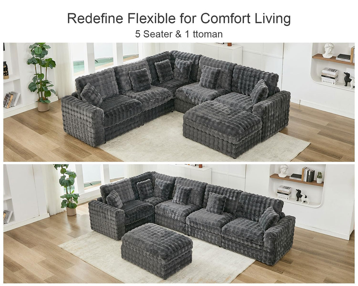 115" Oversized Modular Sectional Sofa with Ottoman Convertible Plush Faux Fur Large U-Shape Couch Sofa 5 Seater with 6 Pillows for Living Room,Bedroom,for Big Man 35.83" Seat Width,Grey Comfort Stretch