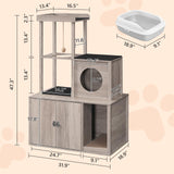 MAHANCRIS Cat Tree with Litter Box Enclosure, Hidden Cats Litter Box Furniture with Condo and Plush Ball, Wooden Cats Washroom Furniture with Platform, Indoor Cat House, Greige CWHG1501 MAHANCRIS