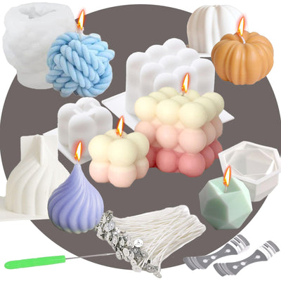 6pcs Silicone Candle Making Molds Kit Set, 3D Silicone Mold for Baking Desser, Soy Wax, Soap Geometric Pumpkin Shapes Yarn Ball Bubble Cube Molds DIY Scented Candle