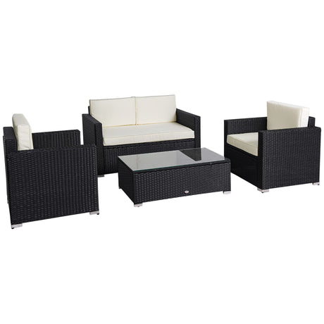 Outsunny 4 Piece Wicker Patio Furniture Set with Cushions, Outdoor Sectional Furniture with 2 Sofa, Loveseat, and Glass Top Coffee Table, Conversation Sofa Sets for Garden, White Outsunny