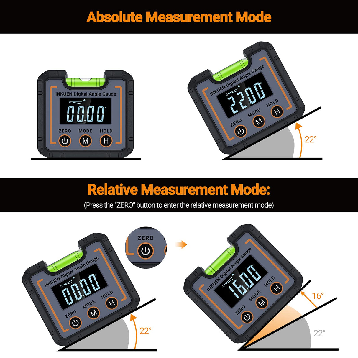 Digital Electronic Level and Angle Gauge, Angle Finder with Bubble Level and Magnetic Base, High Contrast Display for All Environment, Measuring Tool for Carpentry, Building, Automobile, Masonry Inkuen