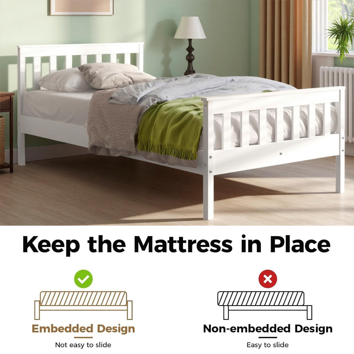 Twin Bed Frame with Headboard & Footboard,13 Wood Slats Support Wooden Platform, No Box Spring Needed, Easy Assembly, Farmhouse Style for Single Kids Room (38x75) -White KOBY HOME