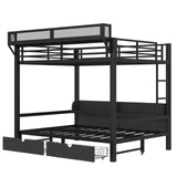 Queen Over Queen Metal Bunk Bed with Storage Drawers and Shelves, Heavy Duty Bunk Beds with LED Lights and Charging Station for Kids,Adults,Convertible into a Sofa Bed,Black Bellemave
