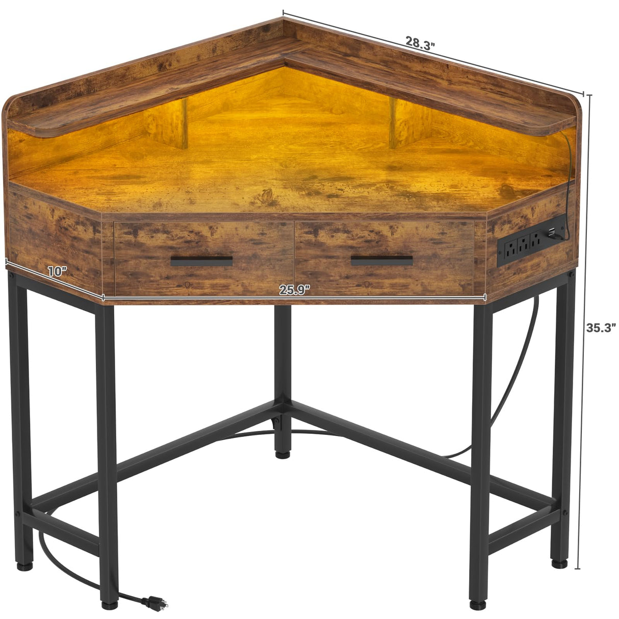 Cyclysio Corner Vanity Desk Without Mirror, Makeup Vanity Table with Lights & Power Outlets, Small Corner Vanity with Drawers for Bedroom,Small Spaces, Brown Cyclysio