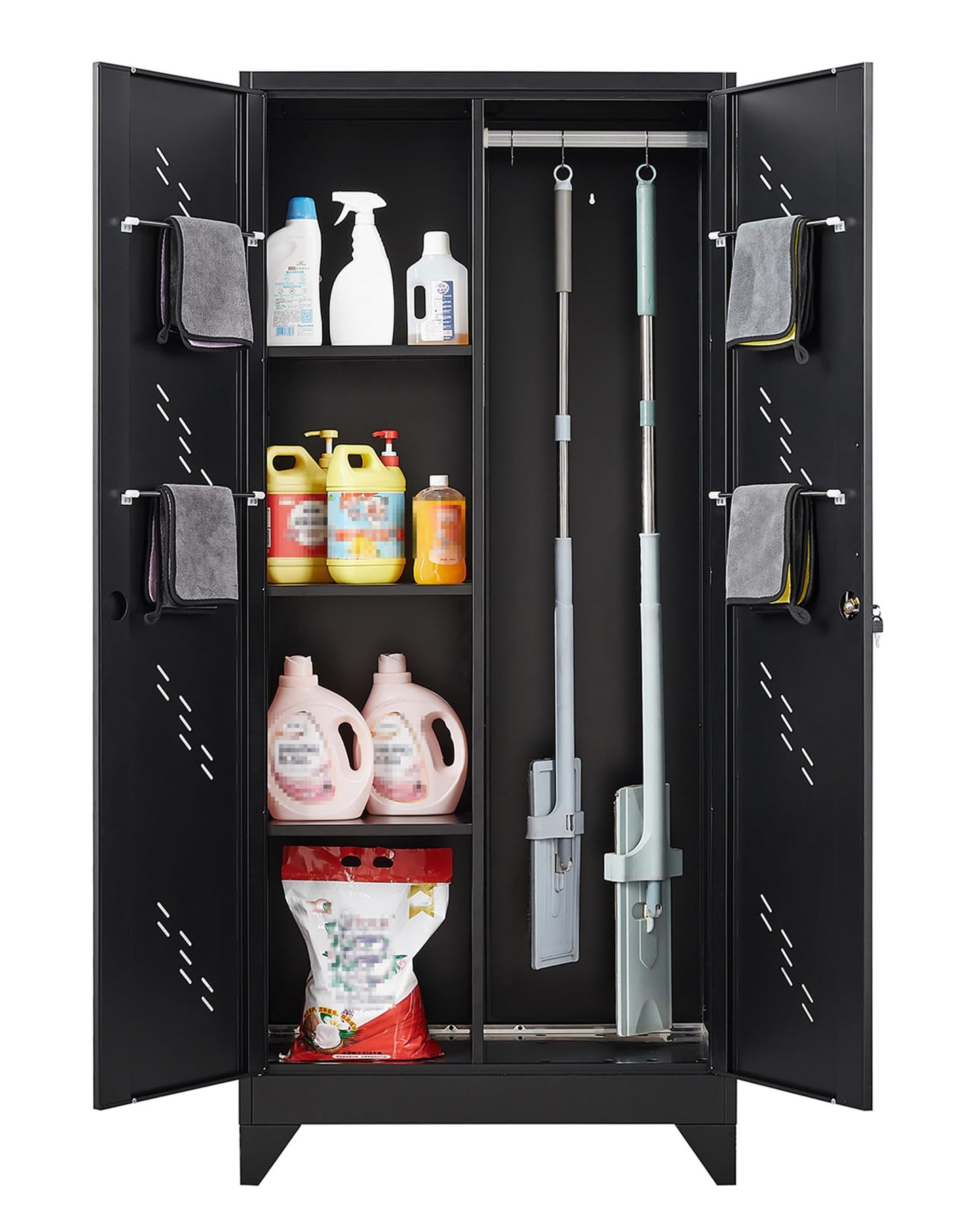 YILFANA Metal Storage Cabinet with Lock, 71" Garage Storage Cabinet with Hanging Rod & S-Hooks, Large Storage Cabinet, Locking Tool Cabinet Utility Closet, Black