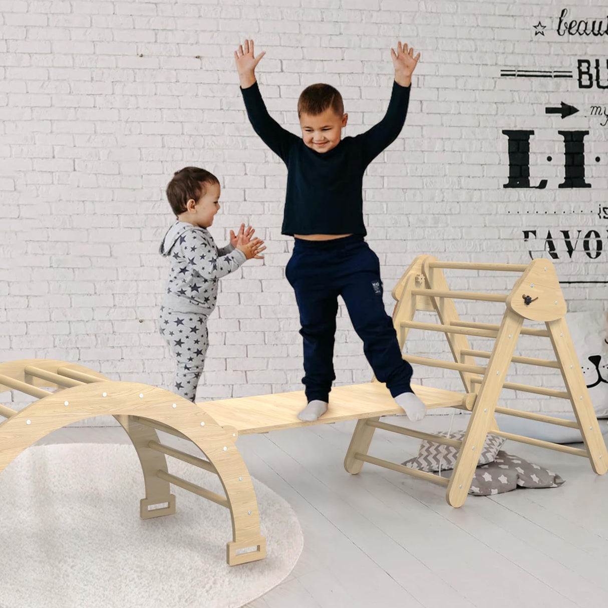 Granper Pikler Triangle Set 7-in-1, Foldable Toddler Climbing Toys Indoor, Wooden Montessori Climbing Set with Arch/Ramp/Ladder, Baby Climber Jungle Gyms for Toddlers and Kids (Burlywood) Granper