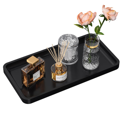 Bathroom Vanity Tray for Countertop - Bamboo Organizer Tray for Dresser Tops, Toilet, Perfume Small Decorative Wood Tray for Home Decoration 11.4” L x 6.1” W x 0.7” H (Black) Weenson