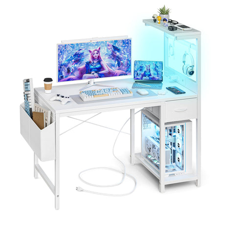 Grandder Gaming Desk 40 Inch with Power Outlet and LED Light, Computer Desk with Reversible Shelves and Storage Drawer, Pc Small Desk for Home Office Table with Bag, Carbon Fiber White Grandder