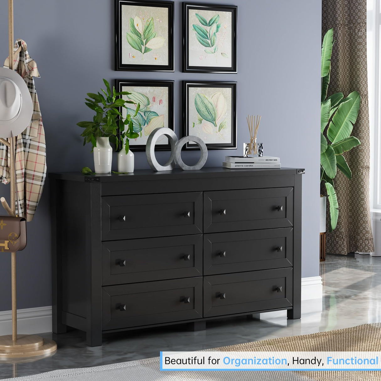 HUANLEGO Black Dresser for Bedroom with 6 Drawers, Modern Chest of Drawers, Wood Dressers Bedroom Furniture Wide Storage Drawers Dressers Organizer for Closet, Living Room, Hallway HUANLEGO
