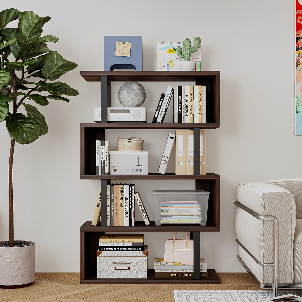 SORCEDAS Bookshelf Geometric Bookcase S Shaped Industrial Bookshelf Storage Display Stand Shelf for Living Room Bedroom and Office Room (Black, 4 Tier) SORCEDAS