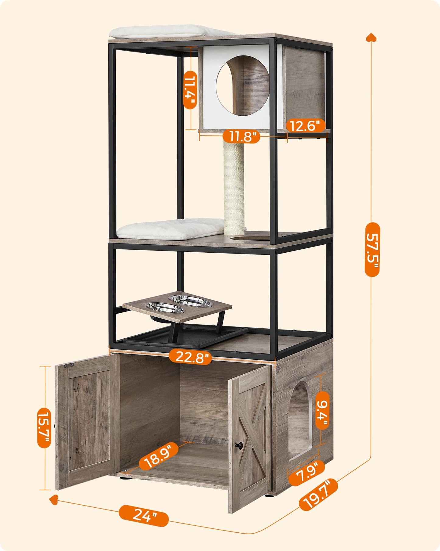 Feandrea Cat Tree, Modern Cat Tower, 57.5 Inches Tall Cat Condo with Litter Box Enclosure, Elevated Bowl Stand, Scratching Post, Washable Cushions, Greige UPCT312G01V1