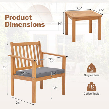 Tangkula 3 Pieces Patio Wood Furniture Set, Acacia Wood Chairs and Coffee Table Set with Soft Cushions, Slatted Design, Outdoor Furniture Set for Porch, Yard, Balcony (Grey) - WoodArtSupply