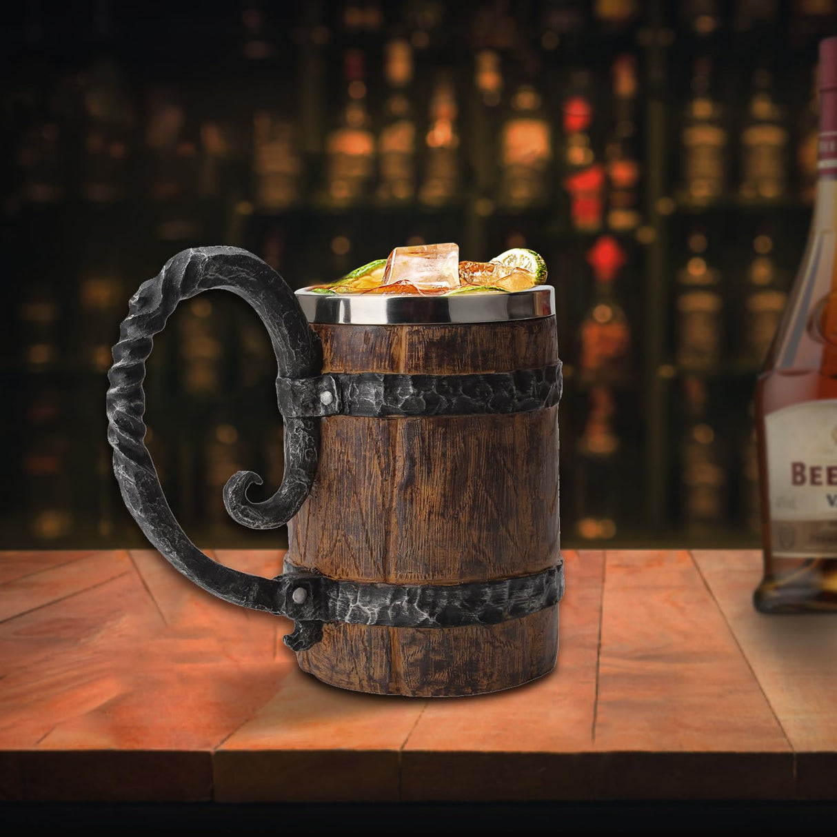 Kndatle Handmade Wooden Barrel Beer Mug, Bucket Shaped Drinkware with Handle, Stainless Steel Double Wall Cocktail Mug for Bar Restaurant, Vintage Bar Accessories (18 oz) VORAGA