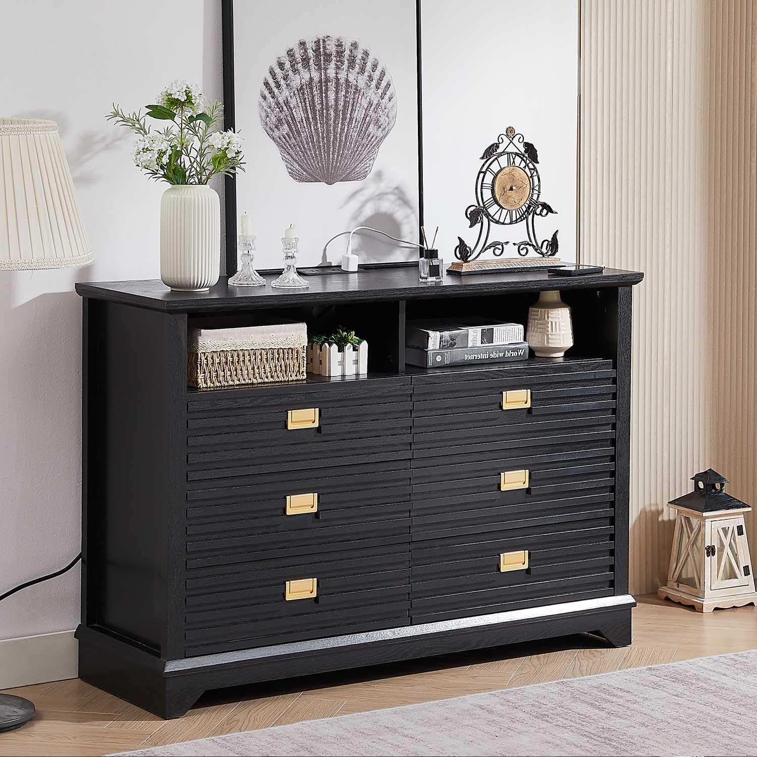 LIDYUK Dresser for Bedroom, 6 Drawers Wood Dresser with Charging Station, Farmhouse Vintage Wooden Dresser with LED Lights, Wide Low Chest of Drawers for Bedroom, Living Room, Black - WoodArtSupply