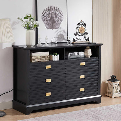 LIDYUK Dresser for Bedroom, 6 Drawers Wood Dresser with Charging Station, Farmhouse Vintage Wooden Dresser with LED Lights, Wide Low Chest of Drawers for Bedroom, Living Room, Black - WoodArtSupply