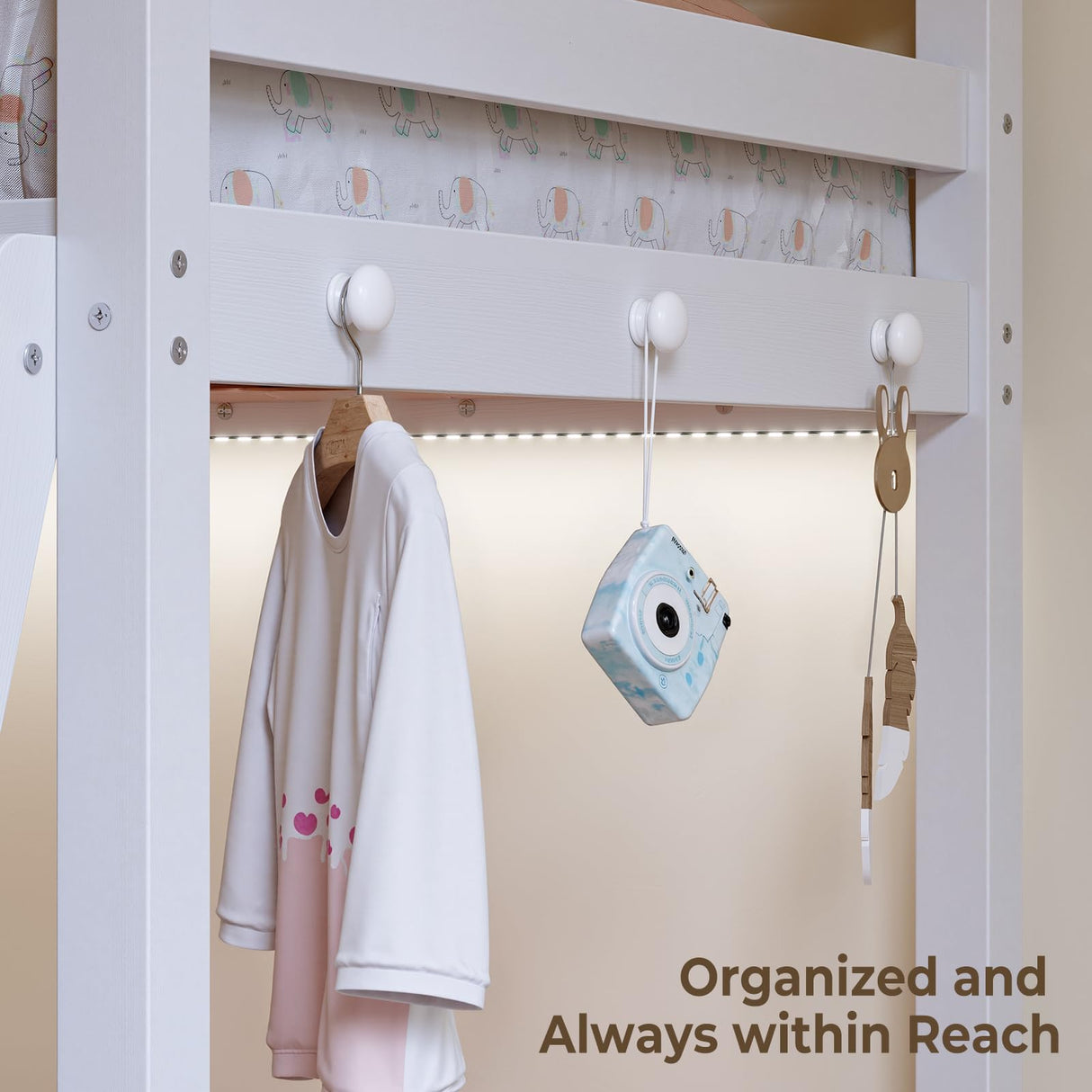 Vantic Low Bunk Bed with Guardrail and LED Light, Floor Toddler Bunk Bed Twin Over Twin with Wide Stairs, Convertible Soild Wooden Loft Bed for Kids with 6 Hooks, Space-Saving, White Vantic