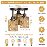3-Lights Boho Light Fixtures Ceiling Mount, Farmhouse Rattan Chandelier, Hand Woven Cage Shade Semi Flush Mount Ceiling Lights for Bedroom Foyer Entryway Kitchen, Hallway Rattan Light Fixtures Ceiling Stepeak