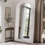 ZHUNFA Arched Full Length Mirror with Solid Wood Frame, 71x32 Farmhouse Wall Mirror Full Length with Stand, Vertical Hanging, Leaning Standing for Bedroom, Living Room, Rustic White ZHUNFA