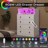 Hasuit White Dresser with Charging Station, LED Dresser with 4 Large Drawers, Chest of Drawers with Open Space, Large Capacity Tall Storage Cabinet, White Dresser for Bedroom Hasuit