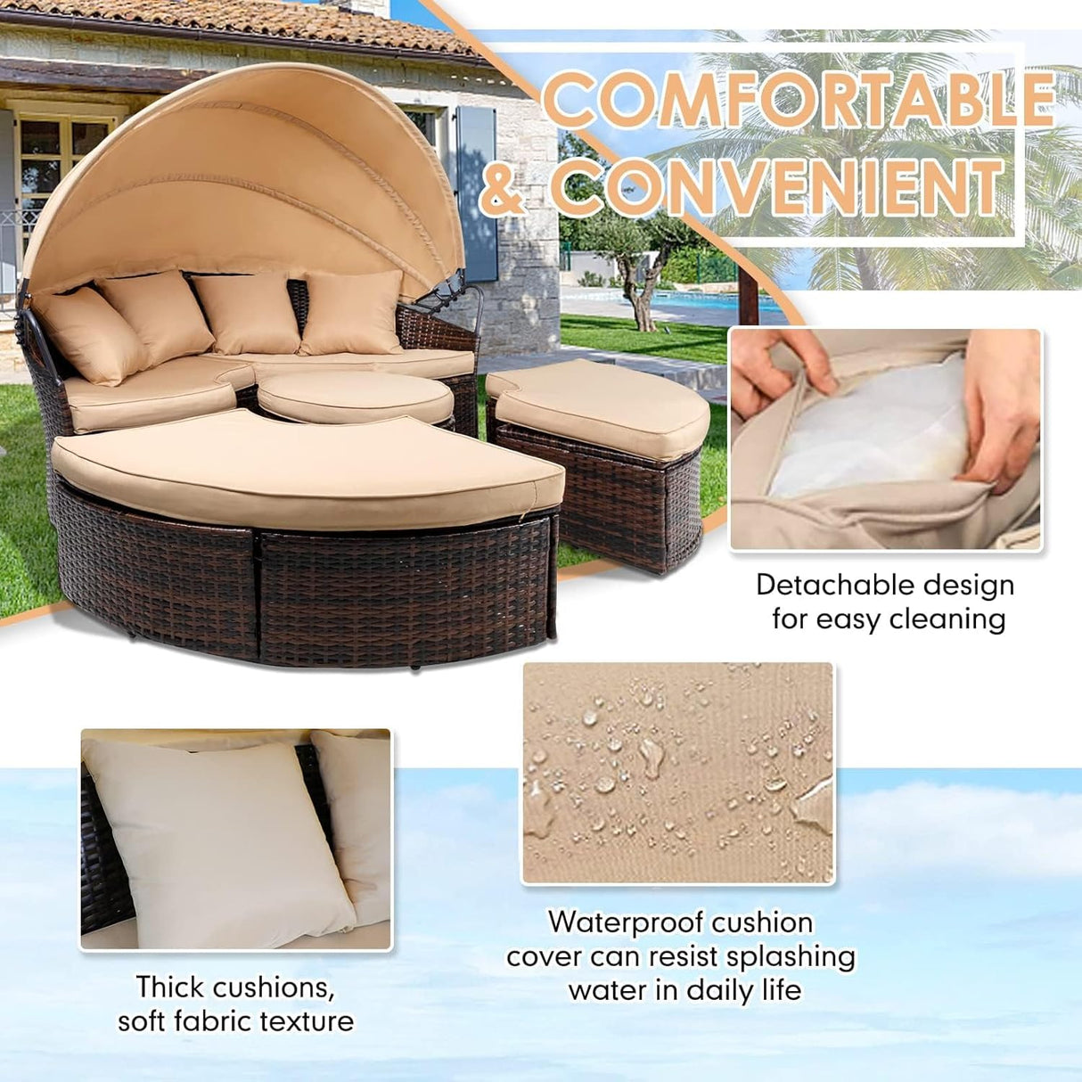 SUNCROWN Outdoor Patio Round Daybed with Retractable Canopy, Wicker Sofa Furniture Clamshell Sectional Seating with Cushions,Backyard, Porch, Brown SUNCROWN