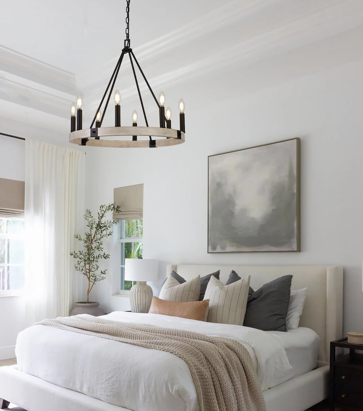 Alolvios D24'' Modern Farmhouse Chandelier, 8 Lights Wagon Wheel Chandeliers for Dining Room Kitchen Living Room Entryway, Rustic Adjustable Height Candle Chandelier Pendant, White Oak Finish Alolvios