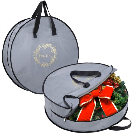 BALEINE 2 Pack Wreath Storage Container, Christmas Wreath Storage Bag with Reinforced Handle for Holiday Xmas (Grey, 30"X8") BALEINE