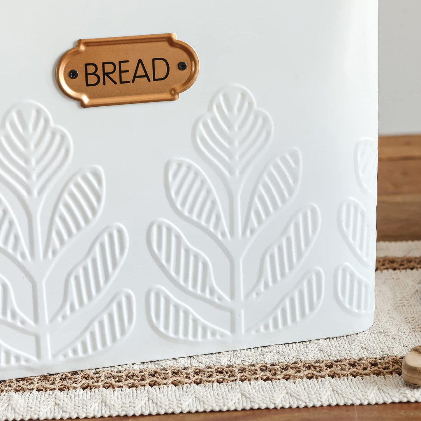 NIKKY HOME Extra Large Space Saving Farmhouse White Bread Box With Bamboo Lid - Holds 2 Loaves - Vertical Breadbox Bread Storage Bin Holder for Kitchen Countertop, Plant Embossed Pattern