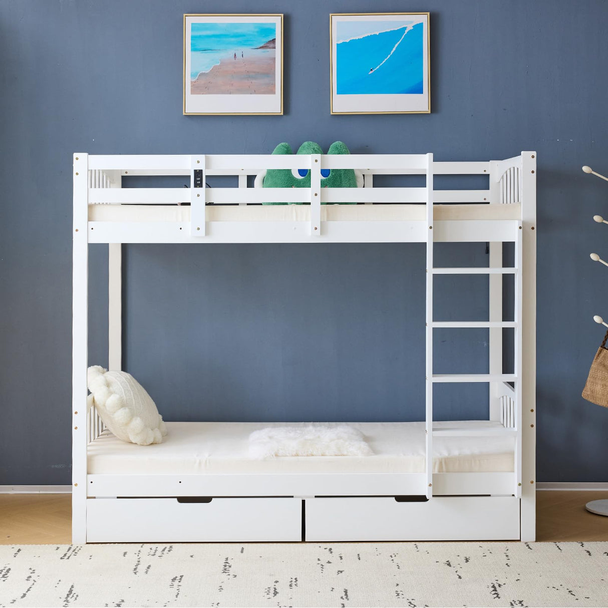 VINGLI Bunk Bed Twin Over Twin with 2 Storage Drawers/RGB LED/Charging Station, Convertible Solid Wood Bunk Bed Frame with Ladders, White VINGLI