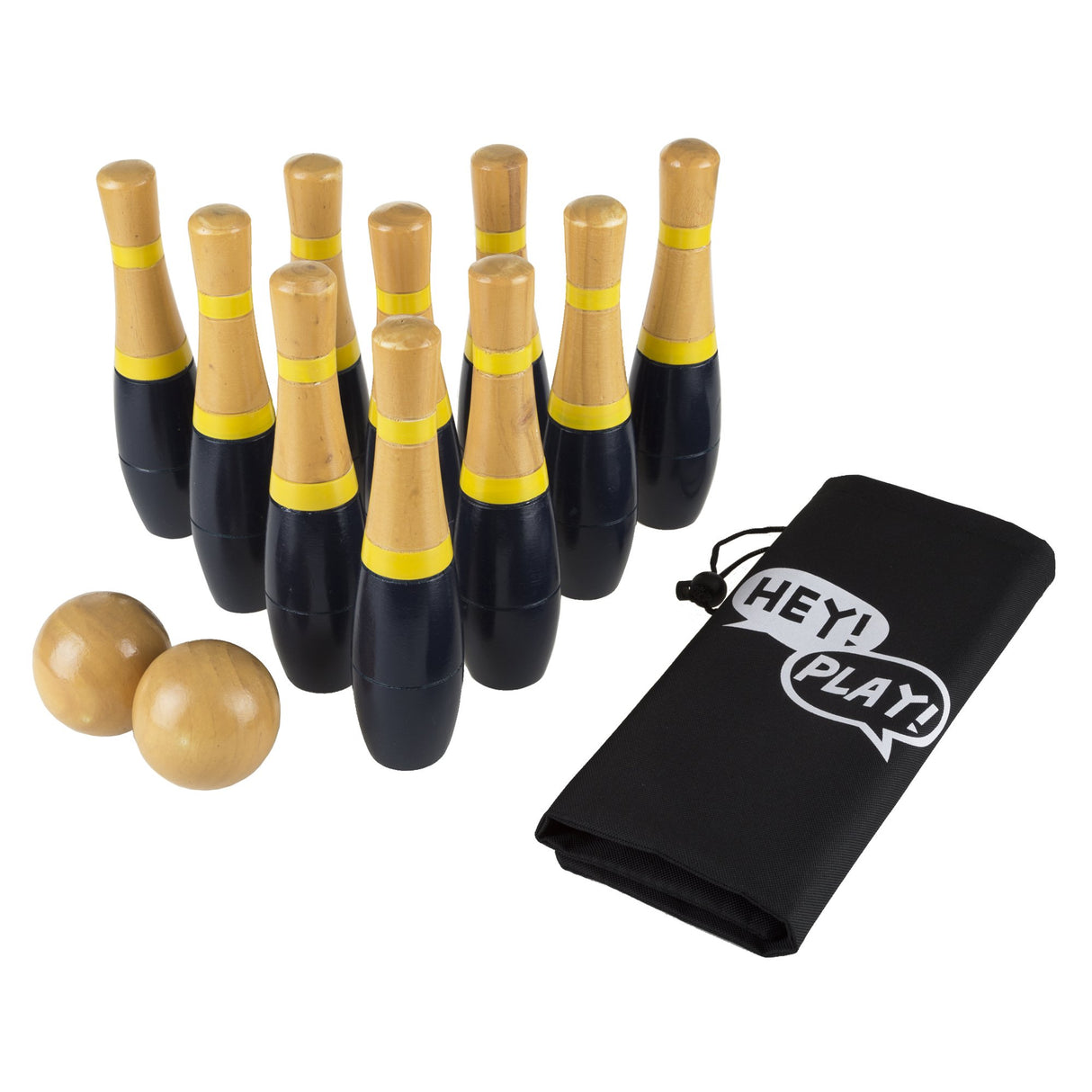 Wooden Lawn Bowling - Adults and Kids Bowling Set with 10 Pins, 2 Balls, Carry Bag - Indoor and Outdoor Games - Bowling and Skittle Yard Games (Black) Hey! Play!