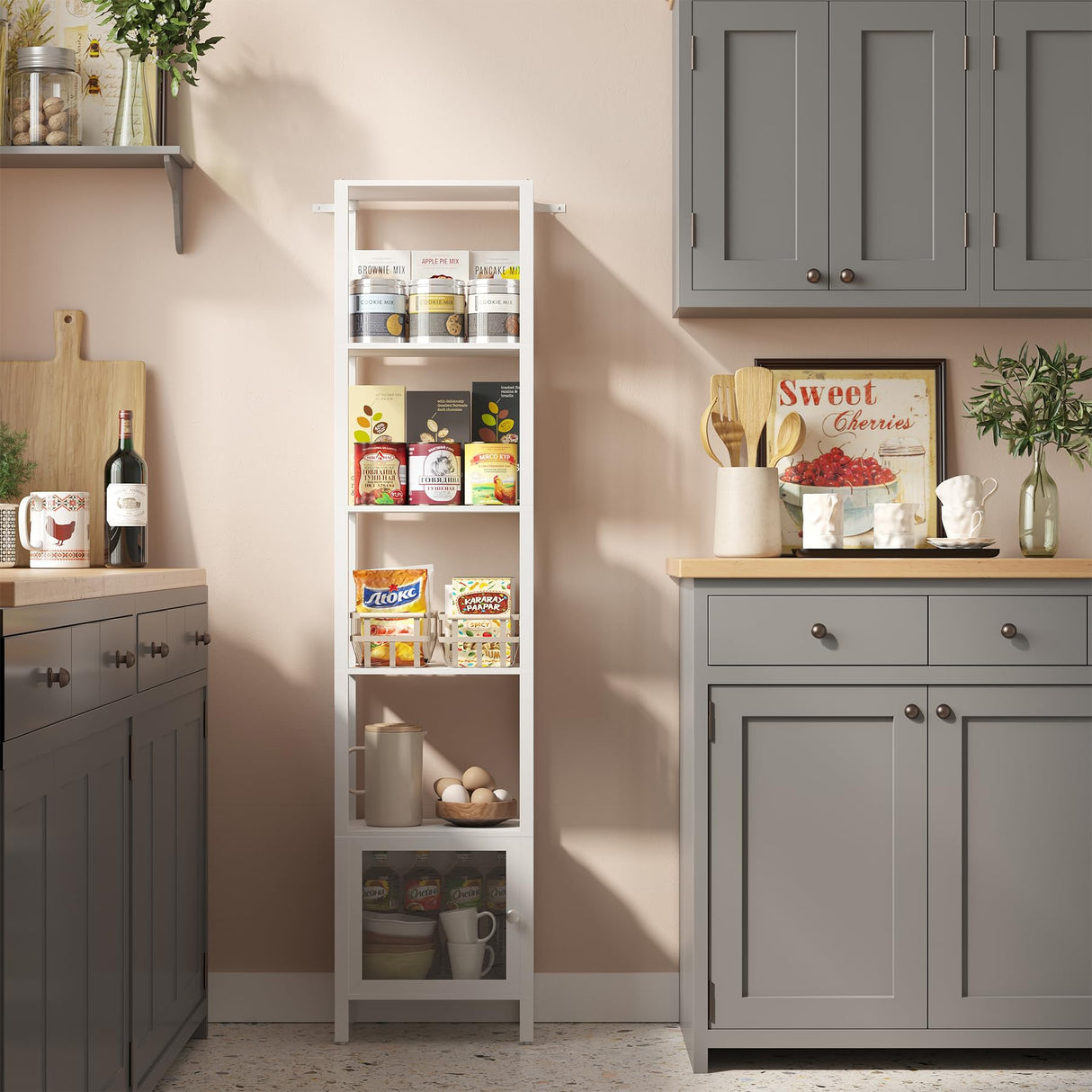 TUTOTAK 6 Tier Bookcase and Bookshelf, Narrow Book Shelf with Door for Small Space, for Living Room, Office, Study, Entryway, White BS03BW006 TUTOTAK