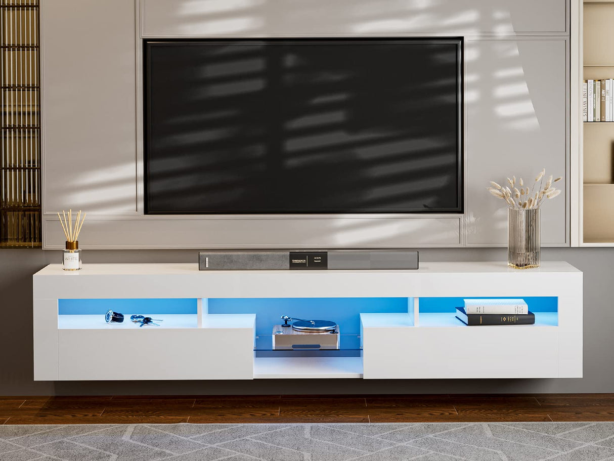 IKIFLY LED Floating TV Stand for 85+ inch TV, White High Glossy Wall Mounted Haning TV Stand with 2 Cabinets, Modern Floating Entertainment Center Console Shelf for Living Room, Bedroom IKIFLY