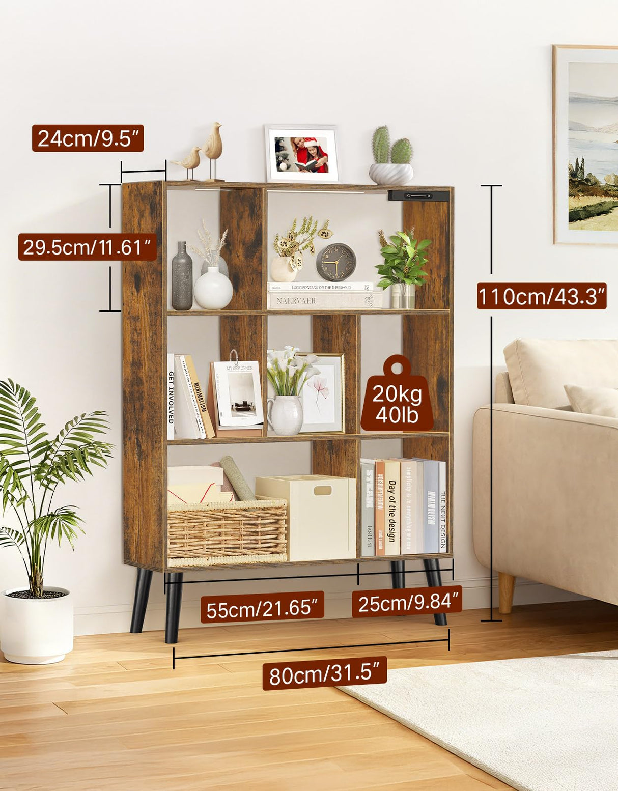 OUTONLIFE 7-Cube Bookshelf with LED Lights, Touch & Remote Control, Freestanding Open Bookcase Storage Shelf, Dimmable Modern Wooden Display Organizer with Legs for Living Room, Bedroom (Rustic Brown) OUTONLIFE