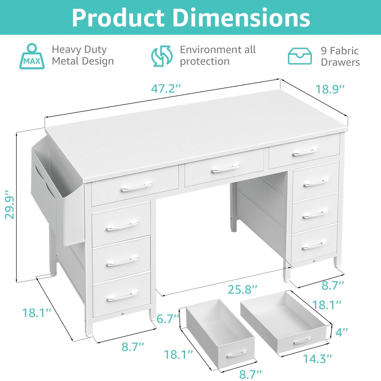 Lufeiya 47 Inch Computer Desk with 9 Drawers, Office Desk Work Desk for Home Office, Study, Writing, Vanity Desk with Fabric Drawers on Both Sides, Large Storage, White Lufeiya