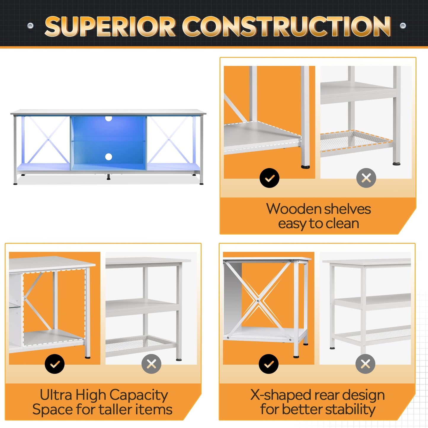 WLIVE TV Stand up to 65 Inch TV, 55" Entertainment Center with LED, Industrial TV Console with Glass Shelf for Living Room and Bedroom, White