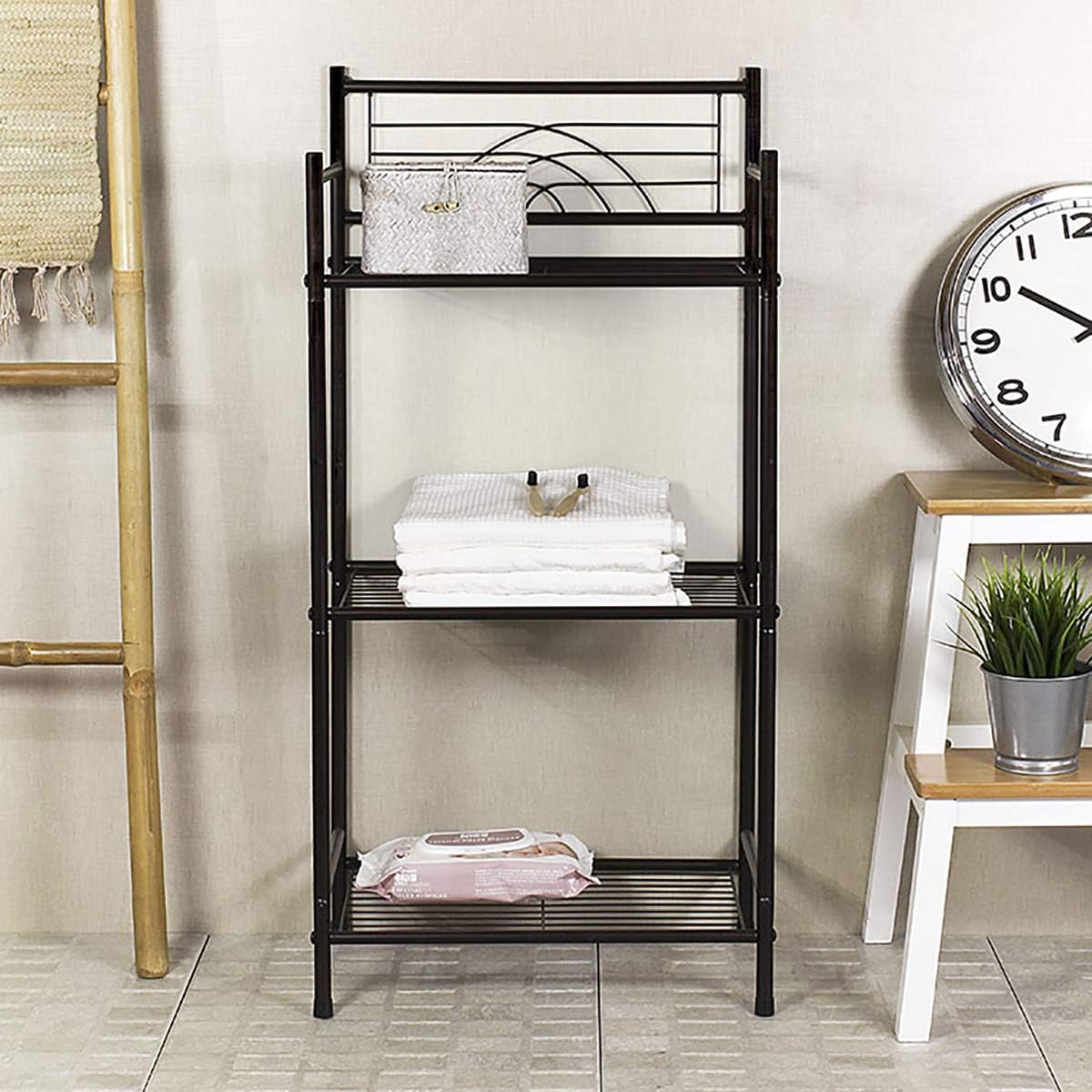 L&H UNICO 3-Tier Free Standing Wire Rack Durable Metal Shelving Storage Unit with Adjustable Feet 4-Hook for Bathroom Laundry Kitchen Office, Black L&H UNICO