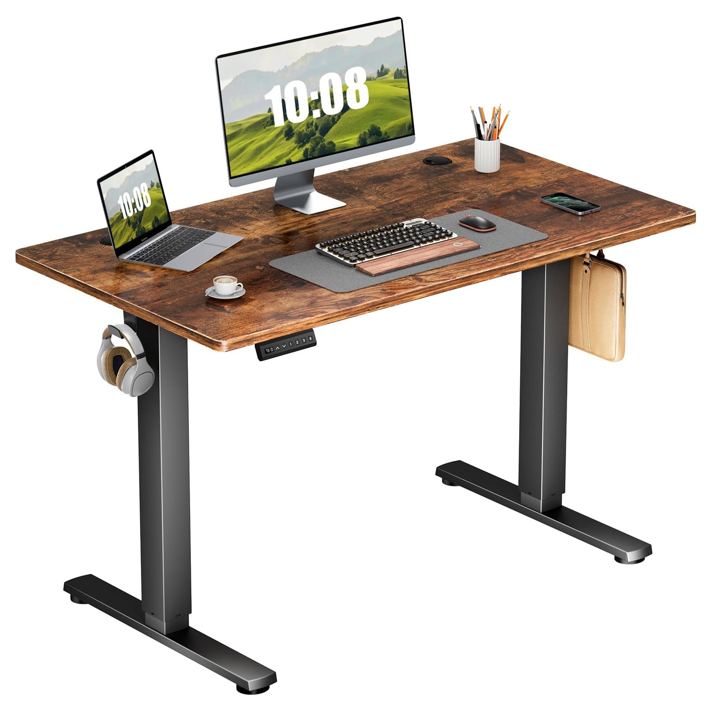 Sweetcrispy Electric Adjustable Height Standing Desk - 40 x 24 inch Sit to Stand Up Desk with Splice Board, Rising Home Office Computer Table with 2 Hook and Wire Hole for Work - WoodArtSupply