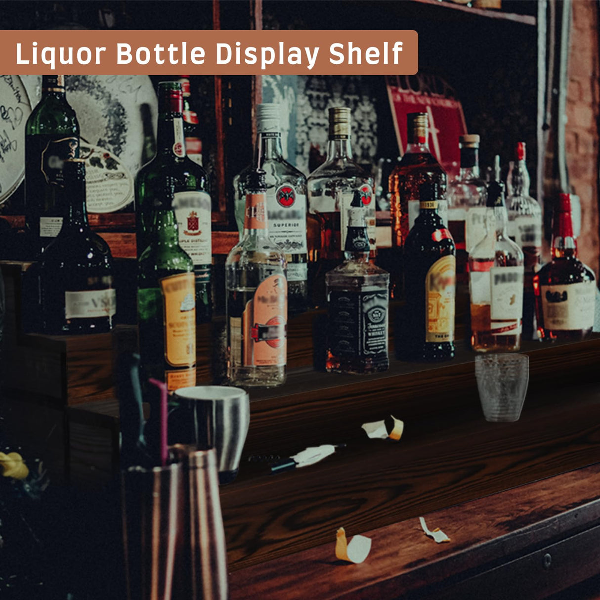 TIRYIUOU 2 Pack Bottle Display Shelf, Wood Bar Bottle Shelves,Tabletop Wine Rack,Tiered Bottle Stand, Bar Shelf Stand for Liquor, Liquor Bottle Display Shelf, Bar Display, Home Storage TIRYIUOU