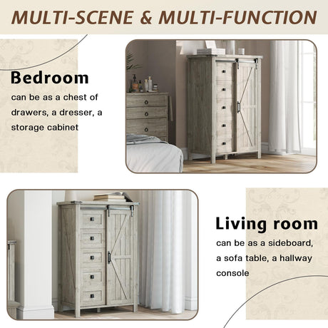 LUXOAK 48" Tall Farmhouse 5 Storage Drawers Dressers for Bedroom, Vintage Dresser Closet, Storage Cabinet with Sliding Barn Door, Organizer TV Stand for Living Room, Rustic Grey LUXOAK