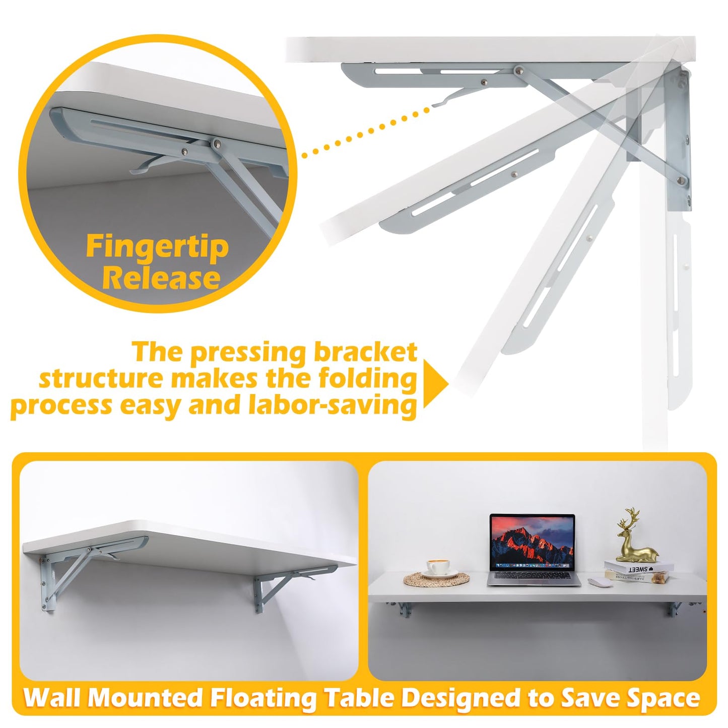 Beeveer Wall Mounted Folding Table 47 x 16 Inch Floating Desk Laundry Table Wooden Drop Leaf Dining White Foldable Wall Desk with Steel Bracket for Kitchen Laundry Office Bathroom Bedroom Res - WoodArtSupply