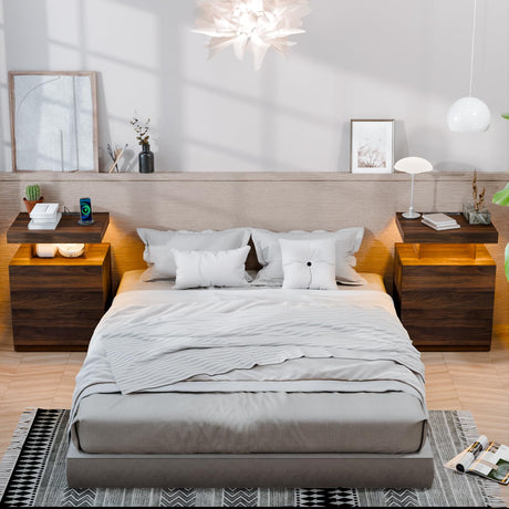 HOMMPA Set of 2 LED Nightstands with Wireless Charging Station Dark Walnut Bedside Table with Led Light Smart Nightstand USB Port 3 Drawers Night Table Mid Century Wood Night Stand Tall for Bedroom HOMMPA