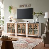 WINWY 30" Farmhouse Sideboard Buffet Credenza Cabinet, Decorative Accent Cabinet with 2 Carved Arched Glass Doors & Adjustable Shelf, Rustic Wooden Storage for Kitchen, Living Room(White,Set of 3) WINWY