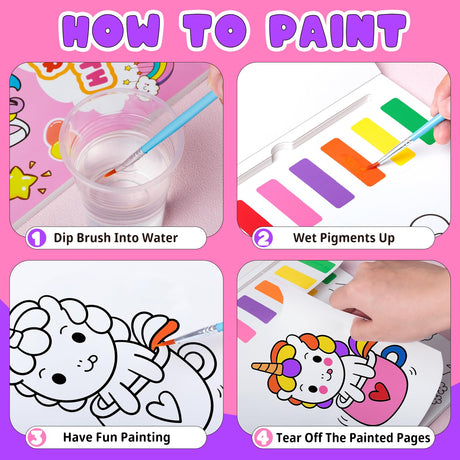 Fenmay Paint with Water Coloring Books for Kids, Mess Free Watercolor Paint Sets with 2 Premium Brushes, Arts and Crafts Birthday Gift for Kids Age 3-5 4-8, Travel Activities Toy (Unicorn) Fenmay