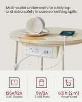 VASAGLE Side Table with Charging Station, Round End Table, Nightstand with Power Outlets, USB Ports, Fabric Basket, Living Room, Bedroom, Modern, Cream White ULET228N01 VASAGLE