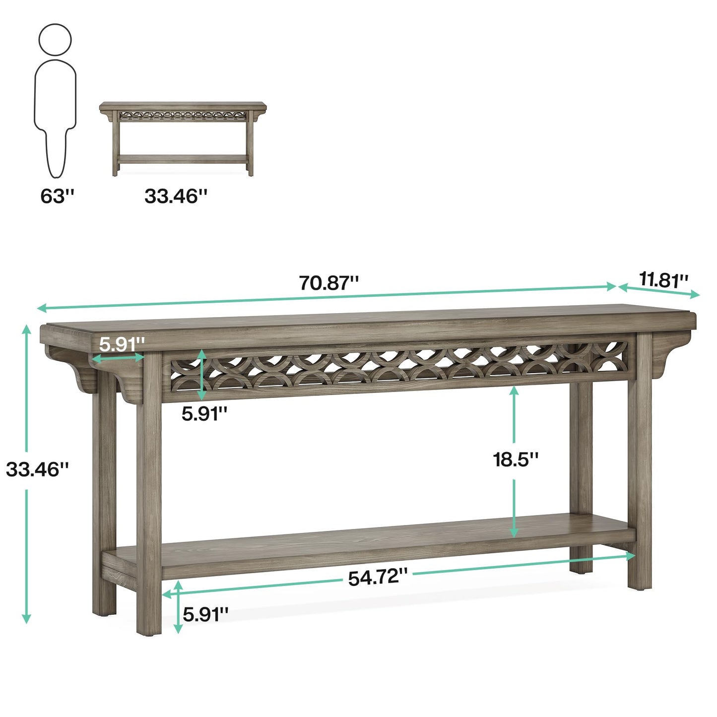 Tribesigns 70.8-Inch Solid Wood Long Console Table, Farmhouse Entryway Table with Storage, Narrow Sofa Table Grey Couch Table for Living Room Entryway Hallway (Gray) - WoodArtSupply