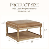 HUIMO 33-Inch Leather Ottoman Coffee Table, Large Ottoman for Living Room, Square Ottoman with Shelf & Solid Wood Frame, Upholstered Ottoman Foot Rest (Light Brown) HUIMO